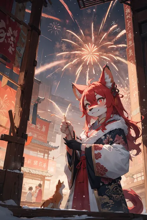 from below,(best Fluffy hands:0.7),wide Shot,best quality,(official art, masterpiece,ultra detailed 8k art,fantasy),upper body, (furry,anthro,Fluffy body:1.3),(Fluffy,furry female,1 hand on ches,red cat earst), focus face, 1 cat's thin red tail,pink eyes, chinese clothes, wavy hair, medium long hair BREAK
have a Chinese bun,night view,backlight,hair ornaments,(winter, fireworks,Spectacular view:1.25),outdoor,smile,(midnight:1.2) , old dilapidated building, China, Clothes with traditional Chinese patterns, golden patterns,wonder, brilliance,festival, crowd,new year,square,(looking at viewer),steam