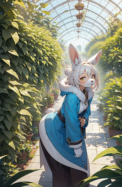 Angora rabbit furry girl
wearing fur-trimmed coat,
cowboy shot, (looking at viewer, looking back, (look up:1.2), (from side:1.2), (from above:1), face focus, (leaning forward:1.3), (arms behind back),,
Botanical conservatory
slanted eyes
