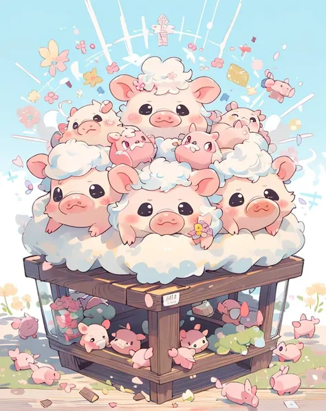 Best quality, (masterpiece:1.1576), (high resolusion:1.2155), (illustration:1.05) (ultra detailed 8k art:1.05), kawaii, (fluffy), cute, (micro pigs:1) , deformation, multiple Kawaii pigs, lots of micro sized pigs