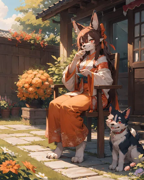 best hands,best quality,(masterpiece,ultra detailed 8k art,illustration),tea time,Fluffy,Anime style, (anthro, 1 girl,furry girl,drooping ears dog),out door, chinese clothes,orange long hair, (orange drooping ears),(drooping ears:1.2), orange tail, red eyes,flower garden,table BREAK
chair, sitting, looking up at the sky, smile,(full body)