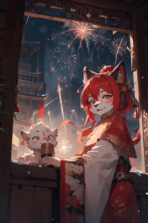 from below,(best Fluffy hands:0.7),wide Shot,best quality,(official art, masterpiece,ultra detailed 8k art,fantasy),upper body, (furry,anthro,Fluffy body:1.3),(Fluffy,furry female,1 hand on ches,red cat earst), focus face, 1 cat's thin red tail,pink eyes, chinese clothes, wavy hair, medium long hair BREAK
have a Chinese bun,night view,backlight,hair ornaments,(winter, fireworks,Spectacular view:1.25),outdoor,smile,(midnight:1.2) , old dilapidated building, China, Clothes with traditional Chinese patterns, golden patterns,wonder, brilliance,festival, crowd,new year,square,(looking at viewer),steam