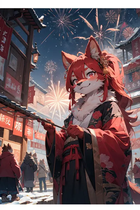 from below,(best Fluffy hands:0.7),wide Shot,best quality,(official art, masterpiece,ultra detailed 8k art,fantasy),upper body, (furry,anthro,Fluffy body:1.3),(Fluffy,furry female,1 hand on ches,red cat earst), focus face, 1 cat's thin red tail,pink eyes, chinese clothes, wavy hair, medium long hair BREAK
have a Chinese bun,night view,backlight,hair ornaments,(winter, fireworks,Spectacular view:1.25),outdoor,smile,(midnight:1.2) , old dilapidated building, China, Clothes with traditional Chinese patterns, golden patterns,wonder, brilliance,festival, crowd,new year,square,(looking at viewer),steam