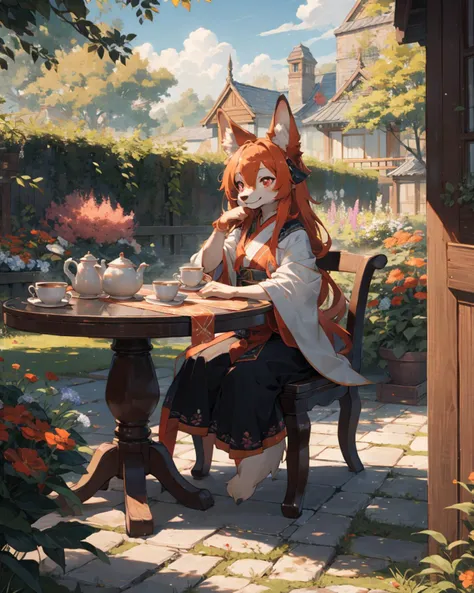 best hands,best quality,(masterpiece,ultra detailed 8k art,illustration),tea time,Fluffy,Anime style, (anthro, 1 girl,furry girl,drooping ears dog),out door, chinese clothes,orange long hair, (orange drooping ears),(drooping ears:1.2), orange tail, red eyes,flower garden,table BREAK
chair, sitting, looking up at the sky, smile,(full body) <lora:zoom_slider_v1:-2>