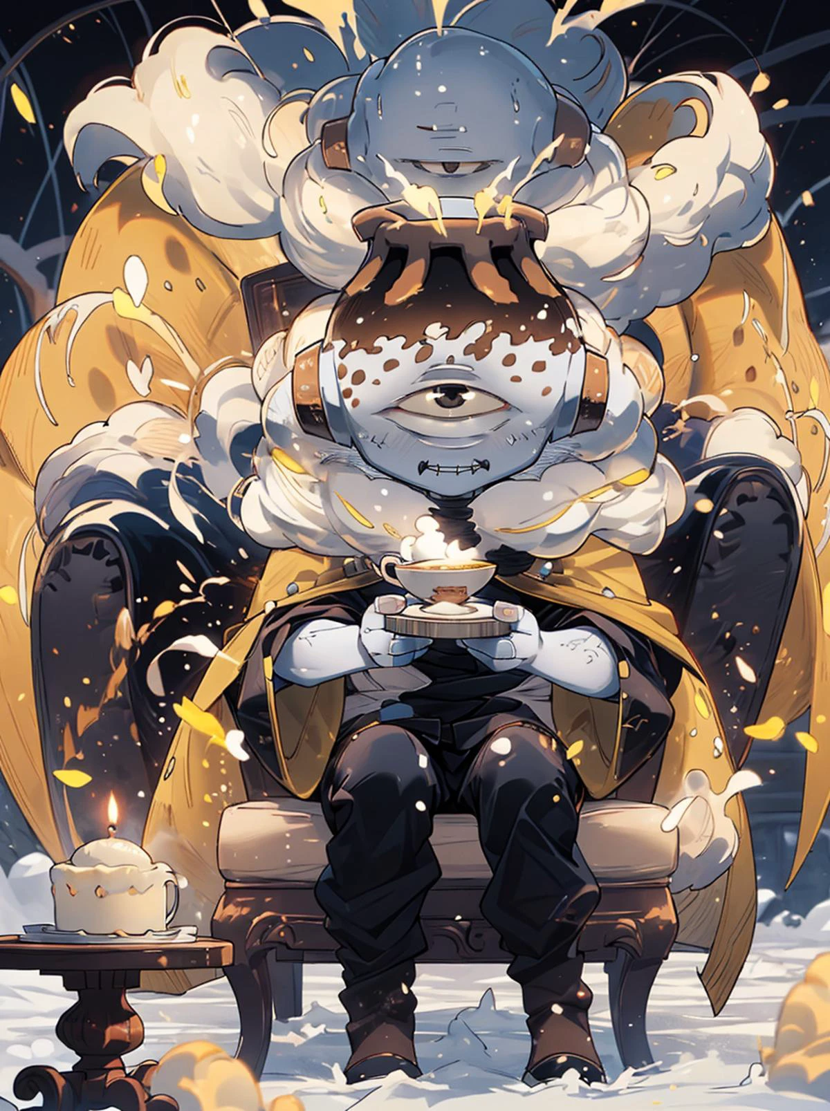 Best quality,(masterpiece,ultra detailed 8k art) BREAK
(close-up face:1.4),(jogoat, 1boy, solo, male focus,colored skin, grey skin, cyclops, volcano head, tube ears
,dark brown boots, yellow cape,Fluffy scarf:1.12),(one-eyed,black teeth:1.25),Fluffy frills,(cute,chibi:1.15) BREAK
(looking at viewer,full body:1.2),best hands,flour effect, angelic smile,fairy tale,tea time,holding a tea cup,wide Shot,focus face,(sitting in a chair) ,out door,teapot, cake,multiple colorful candles,flour garden
<lora:jogoat:1.2>