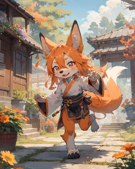 best hands,best quality,(masterpiece,ultra detailed 8k art),chibi, (Deformed,illustration),running,Fluffy,Anime style, (anthro, 1 girl,furry girl,drooping ears dog),out door, chinese clothes,orange long hair, (orange drooping ears),(drooping ears:1.2), orange tail, red eyes,flower garden
