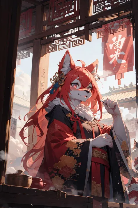 from below,(best Fluffy hands:0.7),wide Shot,best quality,(official art, masterpiece,ultra detailed 8k art,fantasy),upper body, (furry,anthro,Fluffy body:1.3),(Fluffy,furry female,1 hand on ches,red cat earst), focus face, 1 cat's thin red tail,pink eyes, chinese clothes, wavy hair, medium long hair BREAK
backlight,hair ornaments,(Spectacular view),outdoor,smile,(midnight:1.2) , old dilapidated building, China,winter, fireworks, Clothes with traditional Chinese patterns, golden patterns,wonder, brilliance,festival, crowd,new year,square,look looking at viewer,steam