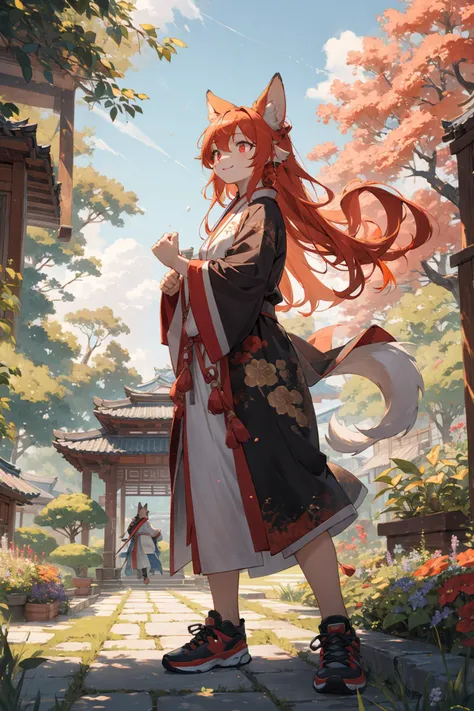 best hands,best quality,(masterpiece,ultra detailed 8k art,illustration),kung fu, (human face, 1 girl,drooping ears dog),out door, chinese clothes,orange long hair, (orange drooping ears),(drooping ears:1.2), orange tail, red eyes,flower garden, looking up at the sky BREAK
smile,(full body), kung fu shoes