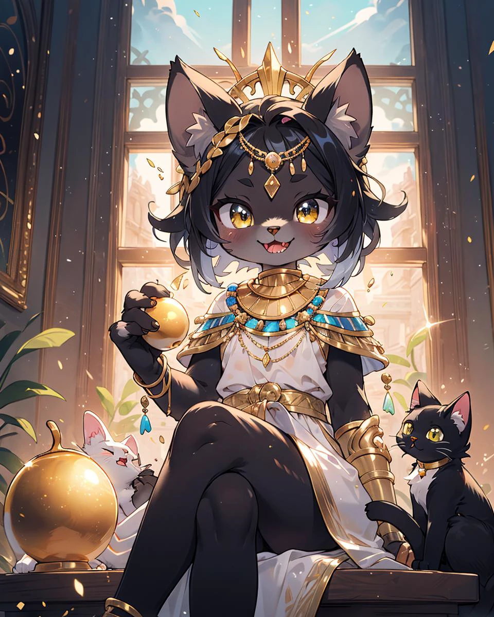 Best quality, (masterpiece, ultra detail 8k art:1.15)full body,furry,best hands,multiple cats,(looking at viewer,anthro,cat legs),cowboy Shot,sitting,Egyptian mythology, fantasy, cat deity Bastet, feminine features, cute expression, fluffy fur, golden jewelry, warm lighting, vibrant colors, ancient Egyptian setting,(dark skin:1.15),out door BREAK
gorgeous,sit on the throne,(black hair,crossed legs, Biting into a shining golden apple,hime cut, medium hair),(1 shining golden apple:1.2)high-handedness,petite, smile, atrium, void,palace,golden cat whiskers BREAK
(three anthro servants cats,Three cats wearing simple clothes:1.25) <lora:zoom_slider_v1:2>