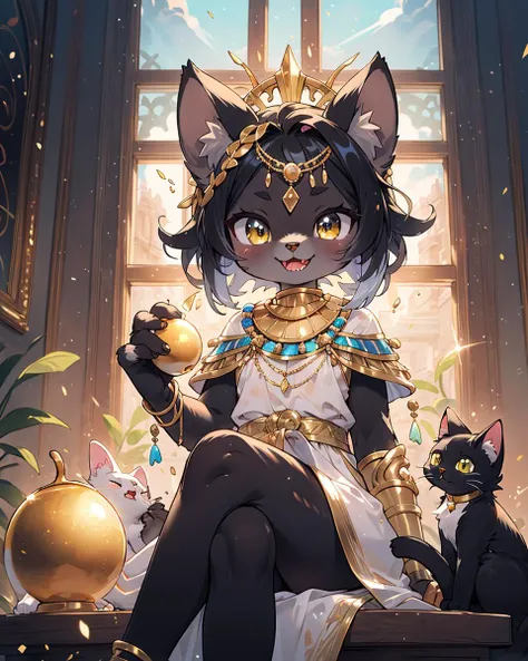 Best quality, (masterpiece, ultra  detail 8k art:1.15)full body,furry,best hands,multiple cats,(looking at viewer,anthro,cat legs),cowboy Shot,sitting,Egyptian mythology, fantasy, cat deity Bastet, feminine features, cute expression, fluffy fur, golden jewelry, warm lighting, vibrant colors, ancient Egyptian setting,(dark skin:1.15),out door BREAK
gorgeous,sit on the throne,(black hair,crossed legs, Biting into a shining golden apple,hime cut, medium hair),(1 shining golden apple:1.2)high-handedness,petite, smile, atrium, void,palace,golden cat whiskers BREAK
(three anthro servants cats,Three cats wearing simple clothes:1.25) <lora:zoom_slider_v1:2>