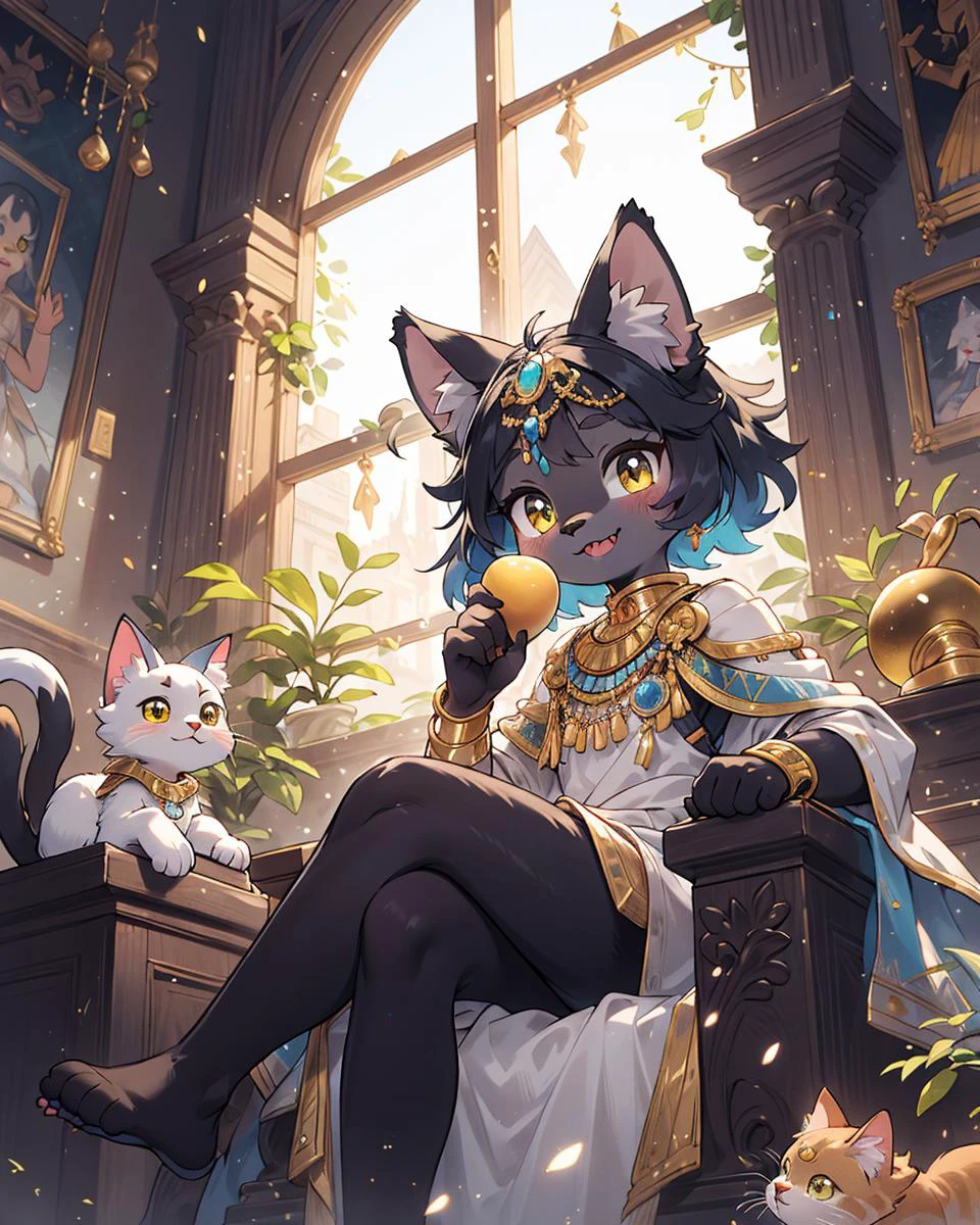 Best quality, (masterpiece, ultra detail 8k art:1.15)full body,furry,(,looking at viewer,anthro,cat legs),sitting,Egyptian mythology, fantasy, cat deity Bastet, feminine features, cute expression, fluffy fur, golden jewelry, warm lighting, vibrant colors, ancient Egyptian setting,(dark skin:1.15),out door BREAK
gorgeous,sit on the throne,(crossed legs, Biting into a shining golden apple,hime cut, medium hair),(1 shining golden apple:1.2)high-handedness,petite, smile, atrium, void,palace,golden cat whiskers BREAK
(three anthro servants cats,Three cats wearing simple clothes:1.25) <lora:zoom_slider_v1:2>