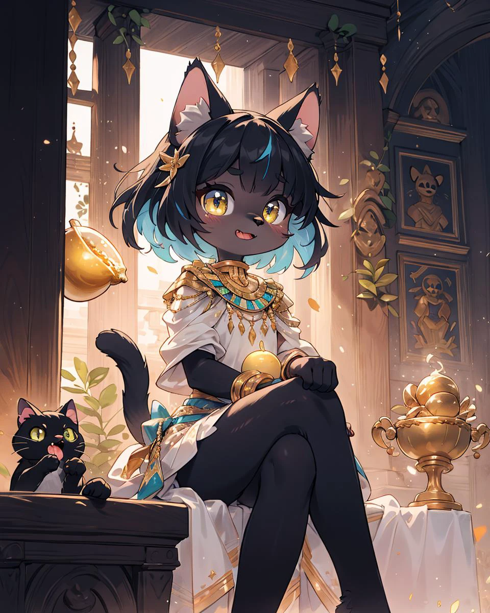 Best quality, (wide Shot,masterpiece, ultra detail 8k art:1.15),furry,(looking at viewer,anthro,cat legs),Close up face,cowboy Shot,sitting,Egyptian mythology, fantasy, cat deity Bastet, feminine features, cute expression, fluffy fur, golden jewelry, warm lighting, vibrant colors, ancient Egyptian setting,(dark skin,Black cat),out door BREAK
gorgeous,sit on the throne,(crossed legs, Biting into a shining golden apple,hime cut, medium hair),(1 shining golden apple:1.2)high-handedness,petite, smile, atrium, void,palace,golden cat whiskers BREAK
(three anthro servants cats,Three cats wearing simple clothes:1.25) <lora:zoom_slider_v1:2>
