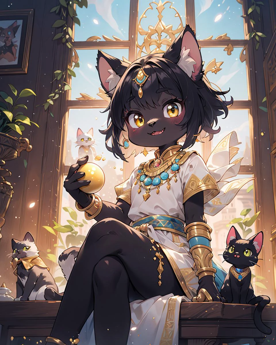 Best quality, (masterpiece, ultra detail 8k art:1.15)full body,furry,(best hands:0.7),(multiple cats,looking at viewer,anthro,cat legs),cowboy Shot,sitting,Egyptian mythology, fantasy, cat deity Bastet, feminine features, cute expression, fluffy fur, golden jewelry, warm lighting, vibrant colors, ancient Egyptian setting,(dark skin:1.15),out door BREAK
gorgeous,sit on the throne,(black hair,crossed legs, Biting into a shining golden apple,hime cut, medium hair),(1 shining golden apple:1.2),high-handedness,petite, smile, atrium, void,palace,golden cat whiskers BREAK
(three anthro servants cats,Three cats wearing simple clothes:1.25) <lora:zoom_slider_v1:2>