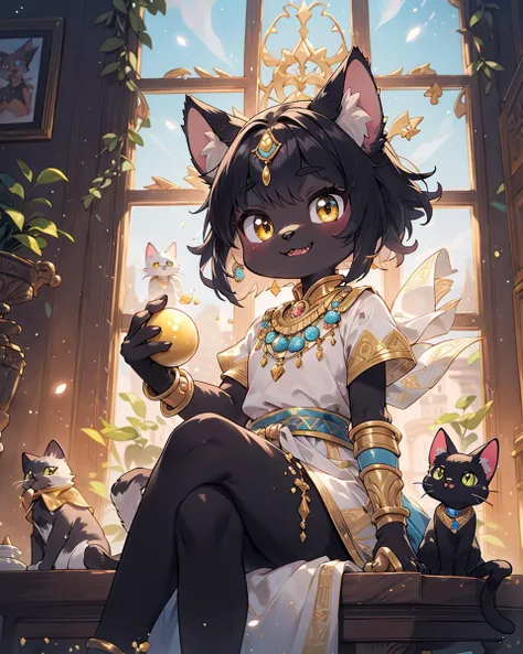 Best quality, (masterpiece, ultra detail 8k art:1.15)full body,furry,(best hands:0.7),(multiple cats,looking at viewer,anthro,cat legs),cowboy Shot,sitting,Egyptian mythology, fantasy, cat deity Bastet, feminine features, cute expression, fluffy fur, golden jewelry, warm lighting, vibrant colors, ancient Egyptian setting,(dark skin:1.15),out door BREAK
gorgeous,sit on the throne,(black hair,crossed legs, Biting into a shining golden apple,hime cut, medium hair),(1 shining golden apple:1.2),high-handedness,petite, smile, atrium, void,palace,golden cat whiskers BREAK
(three anthro servants cats,Three cats wearing simple clothes:1.25) <lora:zoom_slider_v1:2>