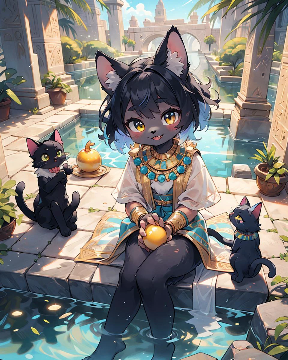 Best quality, (masterpiece, ultra detail 8k art,out door:1.15),From above,full body,furry,(best hands:0.7),(multiple cats,looking at viewer,anthro,cat legs),cowboy Shot,sitting,Egyptian mythology, fantasy, cat deity Bastet, feminine features, cute expression, fluffy fur, golden jewelry, warm lighting, vibrant colors, ancient Egyptian setting,(dark skin:1.15) BREAK
gorgeous,(oasis, water,black hair, Biting into a shining golden apple,hime cut, medium hair),(1 shining golden apple,crossed legs:1.2),high-handedness,petite, smile,palace,golden cat whiskers BREAK
(three anthro servants cats,Three cats wearing simple clothes:1.25)