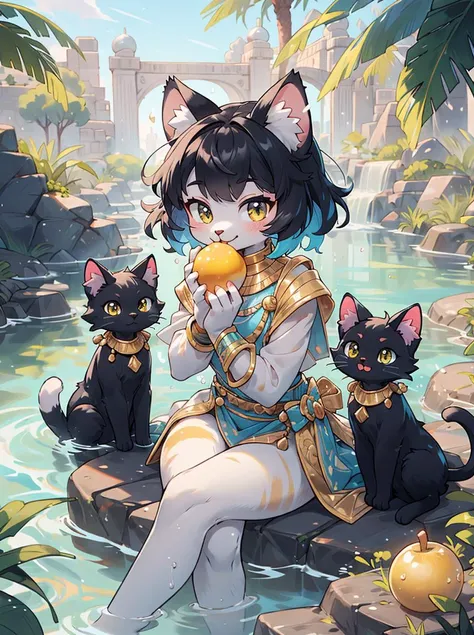 Best quality, (masterpiece, ultra  detail 8k art,out door:1.15),From above,cowboy Shot,furry,(best hands:0.7),(multiple cats,looking at viewer,anthro,cat legs,Black cat girl),cowboy Shot,sitting,Egyptian mythology, fantasy, cat deity Bastet, feminine features, cute expression, fluffy fur, golden jewelry, warm lighting, vibrant colors BREAK
 ancient Egyptian setting,gorgeous,(oasis, water,black hair, Biting into a shining golden apple,hime cut, medium hair),(1 shining golden apple,crossed legs:1.2),high-handedness,petite, smile,palace,golden cat whiskers BREAK
(three anthro servants cats,Three cats wearing simple clothes:1.25)