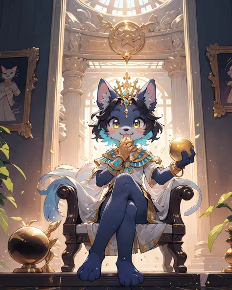 Best quality, (masterpiece, ultra  detail 8k art:1.15)full body,furry,(,looking at viewer,anthro,cat legs),sitting,Egyptian mythology, fantasy, cat deity Bastet, feminine features, cute expression, fluffy fur, golden jewelry, warm lighting, vibrant colors, ancient Egyptian setting,(dark skin),out door BREAK
gorgeous,sit on the throne,(crossed legs, Biting into a shining golden apple,hime cut, medium hair),(1 shining golden apple:1.2)high-handedness,petite, smile, atrium, void,palace BREAK
(three anthro servants around,Three anthro wearing simple clothes:1.25) <lora:zoom_slider_v1:2>