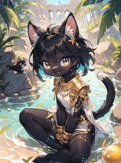 Best quality, (masterpiece, ultra  detail 8k art,out door:1.15),From above,cowboy Shot,furry,(best hands:0.7),(multiple cats,looking at viewer,anthro,cat legs,Black cat girl),cowboy Shot,sitting,Egyptian mythology, fantasy, cat deity Bastet, feminine features, cute expression, fluffy fur, golden jewelry, warm lighting, vibrant colors BREAK
 ancient Egyptian setting,gorgeous,(oasis, water,black hair,hime cut, medium hair,holding a shining golden apple),(1 shining golden apple,crossed legs,dark skin:1.2),high-handedness,petite, smile,palace,golden cat whiskers BREAK
(three anthro servants cats,Three cats wearing simple clothes:1.25)