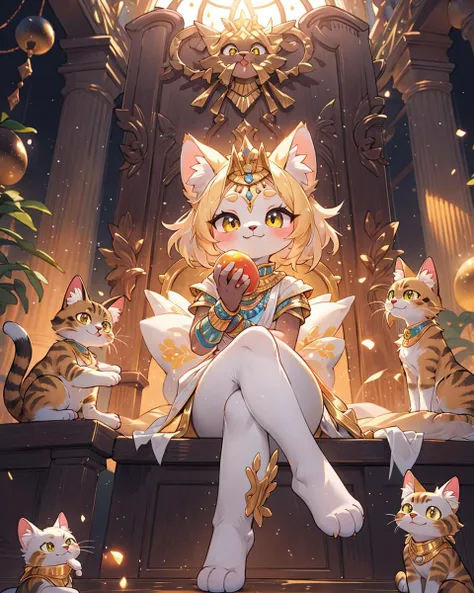 Best quality, (masterpiece, ultra  detail 8k art:1.15)full body,furry,(looking at viewer,anthro,cat legs),cowboy Shot,sitting,Egyptian mythology, fantasy, cat deity Bastet, feminine features, cute expression, fluffy fur, golden jewelry, warm lighting, vibrant colors, ancient Egyptian setting,(dark skin:1.15),out door BREAK
gorgeous,sit on the throne,(crossed legs, Biting into a shining golden apple,hime cut, medium hair),(1 shining golden apple:1.2)high-handedness,petite, smile, atrium, void,palace,golden cat whiskers BREAK
(three anthro servants cats,Three cats wearing simple clothes:1.25) <lora:zoom_slider_v1:2>