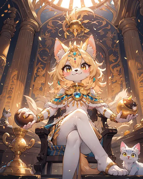 Best quality, (masterpiece, ultra  detail 8k art:1.15)full body,furry,(looking at viewer,anthro,cat legs),cowboy Shot,sitting,Egyptian mythology, fantasy, cat deity Bastet, feminine features, cute expression, fluffy fur, golden jewelry, warm lighting, vibrant colors, ancient Egyptian setting,(dark skin:1.15),out door BREAK
gorgeous,sit on the throne,(crossed legs, Biting into a shining golden apple,hime cut, medium hair),(1 shining golden apple:1.2)high-handedness,petite, smile, atrium, void,palace,golden cat whiskers BREAK
(three anthro servants cats,Three cats wearing simple clothes:1.25) <lora:zoom_slider_v1:2>