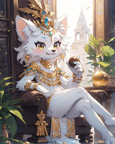 Best quality, (masterpiece, ultra  detail 8k art:1.15),looking at viewer,full body,furry,(anthro,cat legs),sitting,Egyptian mythology, fantasy, cat deity Bastet, feminine features, cute expression, fluffy fur, golden jewelry, warm lighting, vibrant colors, ancient Egyptian setting,(dark skin:0.8),out door BREAK
gorgeous,sit on the throne,(crossed legs, Biting into a shining golden apple,hime cut, medium hair),(1 shining golden apple:1.2)high-handedness,petite, smile, atrium, void,palace BREAK
(three anthro servants around,Three anthro wearing simple clothes:1.25) <lora:zoom_slider_v1:2>