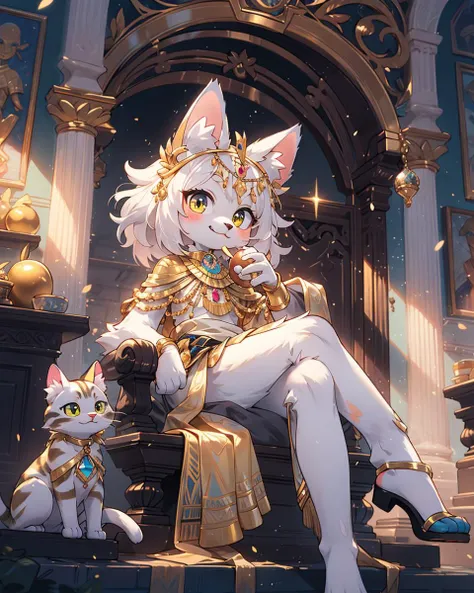 Best quality, (masterpiece, ultra  detail 8k art:1.15)full body,furry,(looking at viewer,anthro,cat legs),cowboy Shot,sitting,Egyptian mythology, fantasy, cat deity Bastet, feminine features, cute expression, fluffy fur, golden jewelry, warm lighting, vibrant colors, ancient Egyptian setting,(dark skin:1.15),out door BREAK
gorgeous,sit on the throne,(crossed legs, Biting into a shining golden apple,hime cut, medium hair),(1 shining golden apple:1.2)high-handedness,petite, smile, atrium, void,palace,golden cat whiskers BREAK
(three anthro servants cats,Three cats wearing simple clothes:1.25) <lora:zoom_slider_v1:2>