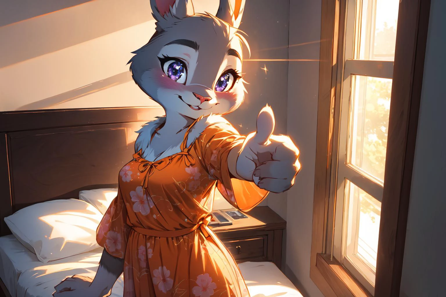 (judyhopps), (ultra detailed fur:1.2), rabbit ears,
seductive smile, hanging breasts, (hope on face),
(cute orange nightgown:1.2),
bedroom, standing near bed, relaxed pose, (blushing:1.2)
(pointing viewer with hand), (pointing herself with hand),
(evening:1.2), windows, english countryside, spring,
(masterpiece:1.2), (best quality:1.2), (intricate:1.2), (highly detailed:1.2), (sharp:1.2), (8k:1.2), (highres:1.2),
cinematic lighting, vivid colors,
<lora:judyhopps-v2-locon:0.7>