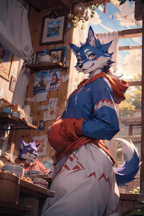 best hands,wide Shot,best quality,from below,Dutch angle,(masterpiece,ultra detailed 8k art),indoor,(anthro:1.5),furry,2 dogs small children, both wearing hoodies AND (1  pregnant purple wolf with a low short ponytail, dressed in a casual knit dress), breakfast, home, togetherness, happiness, lively atmosphere, large breasts Mother , revealing clothes,curtain, window, sunrise, woodchest,bright living,pregnant woman with big belly