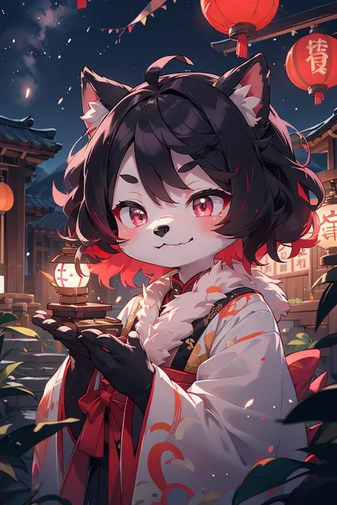 (best fluffy hands:0.7),wide Shot,best quality,(official art, masterpiece,ultra detailed 8k art),Fluffy body,Fluffy hands,(anthro,focus 1 girl,furry girl),Close up face,(jitome eyes:1.3), pink eyes, chinese clothes, very short hair,wavy hair,1 Black thin red tail,(black hair,red inner hair) BREAK
lantern, China,(outdoor), (milky way, midnight) , an andon, flat chest, old dilapidated building,valley, evil smile