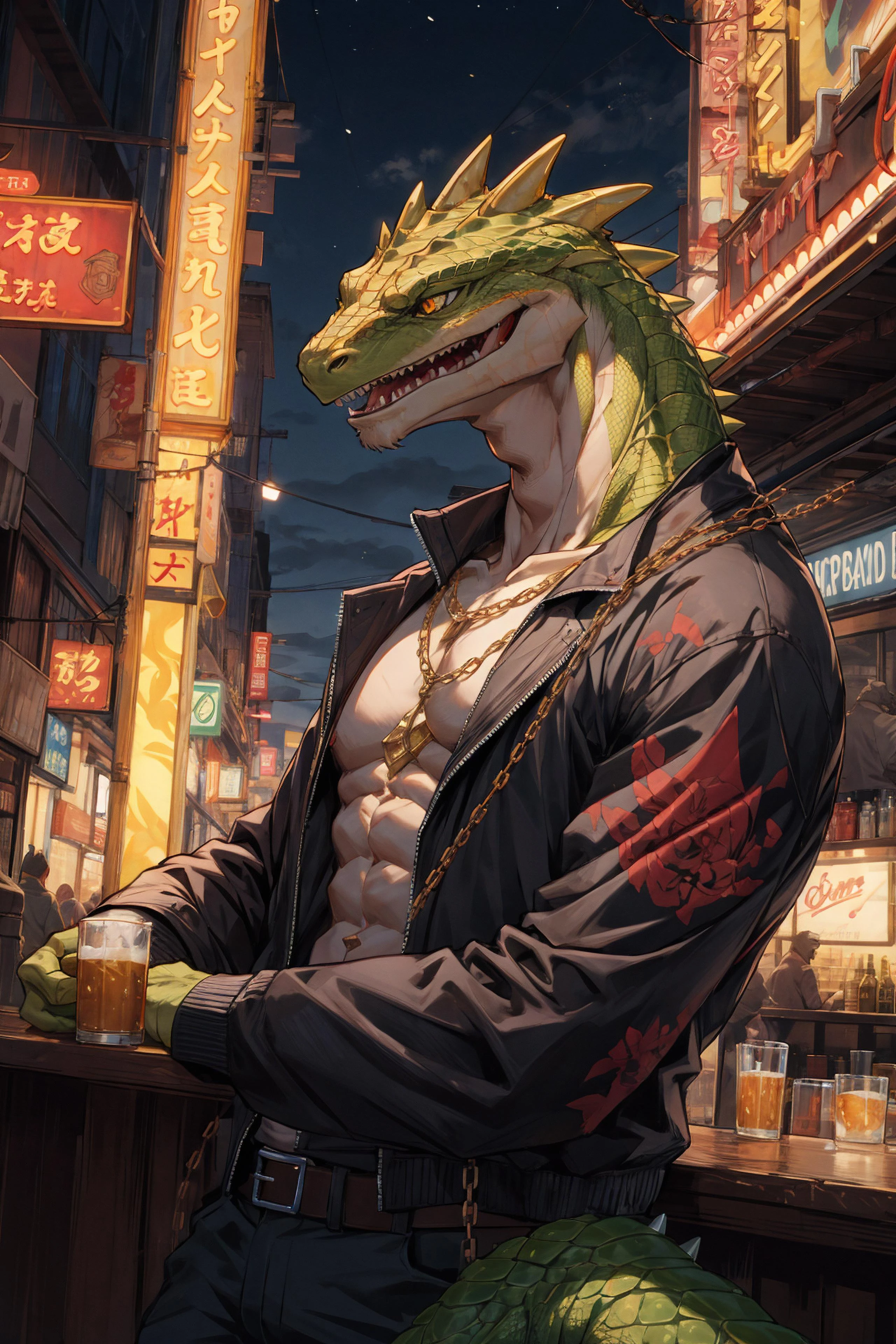 (From above:0.8),best hands,best quality, (official art:1.15),ultra detailed 8k art),(upper body, focus green lizard man,lizard yellow eyes,anthro:1.2),(gangster,From front,scales),big tattoo on chest BREAK
(muscular:1.2) ,(intricately carved gold spikes), metropolis,night party,Drink a large glass of beer,lean on metal railing,(night bar),gold claw BREAK
 scary face,(close-up face),night view,A black jacket opens,golden chain necklace,old scar on half of face,(anthros crowd),neon light,roll up the sleeves