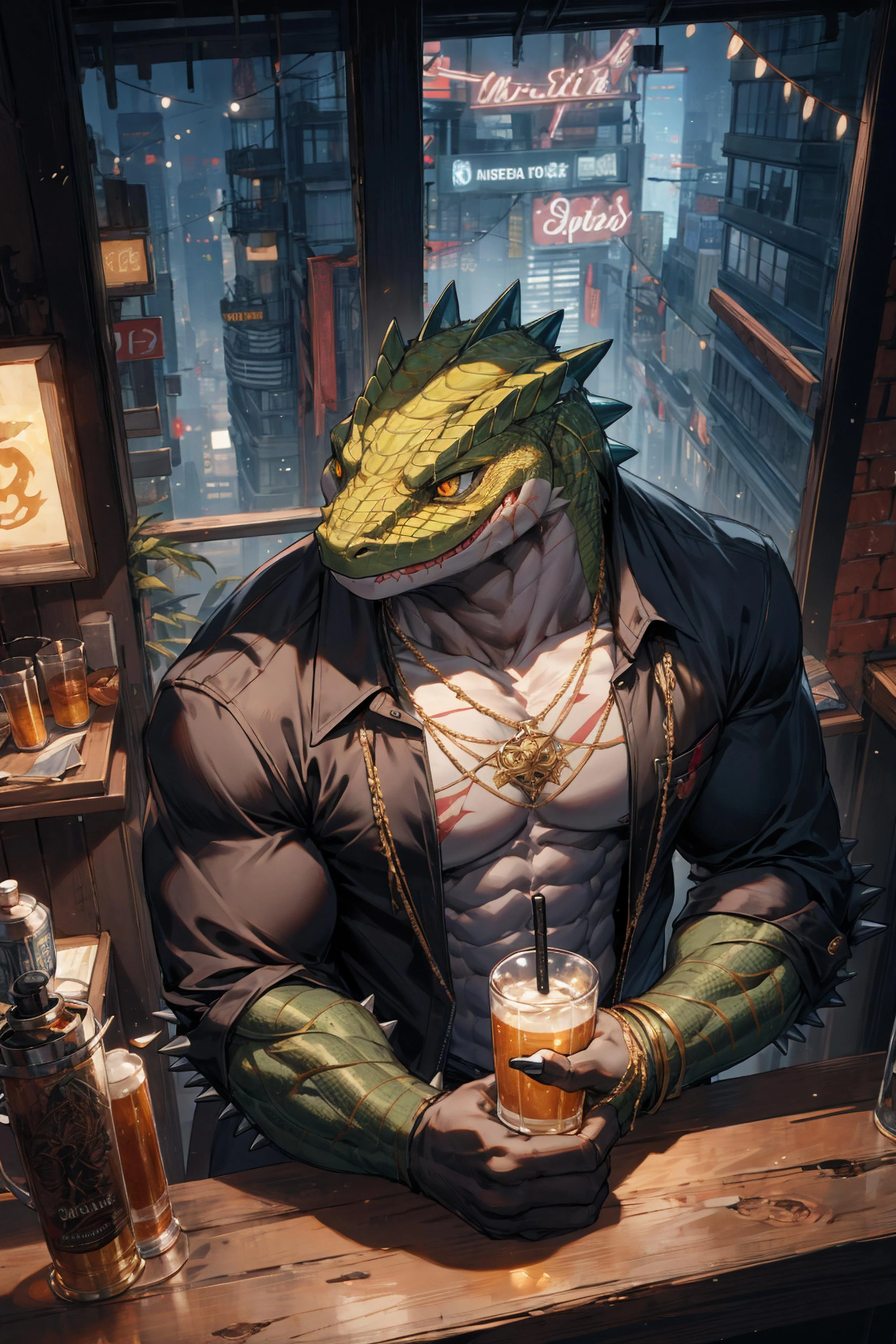 (From above),best hands,best quality, (official art,close-up face:1.15),(ultra detailed 8k art,fantasy),skyscraper,(upper body, focus green lizard man,lizard yellow eyes,anthro:1.2),(gangster,From front,scales),big tattoo on chest BREAK
(muscular:1.2) ,(intricately carved gold spikes), metropolis,night party,Drink a large glass of beer,lean on metal railing,(night bar),gold claw BREAK
scary face,night view,A black jacket opens,golden chain necklace,old scar on half of face,(anthros crowd),neon light,roll up the sleeves
