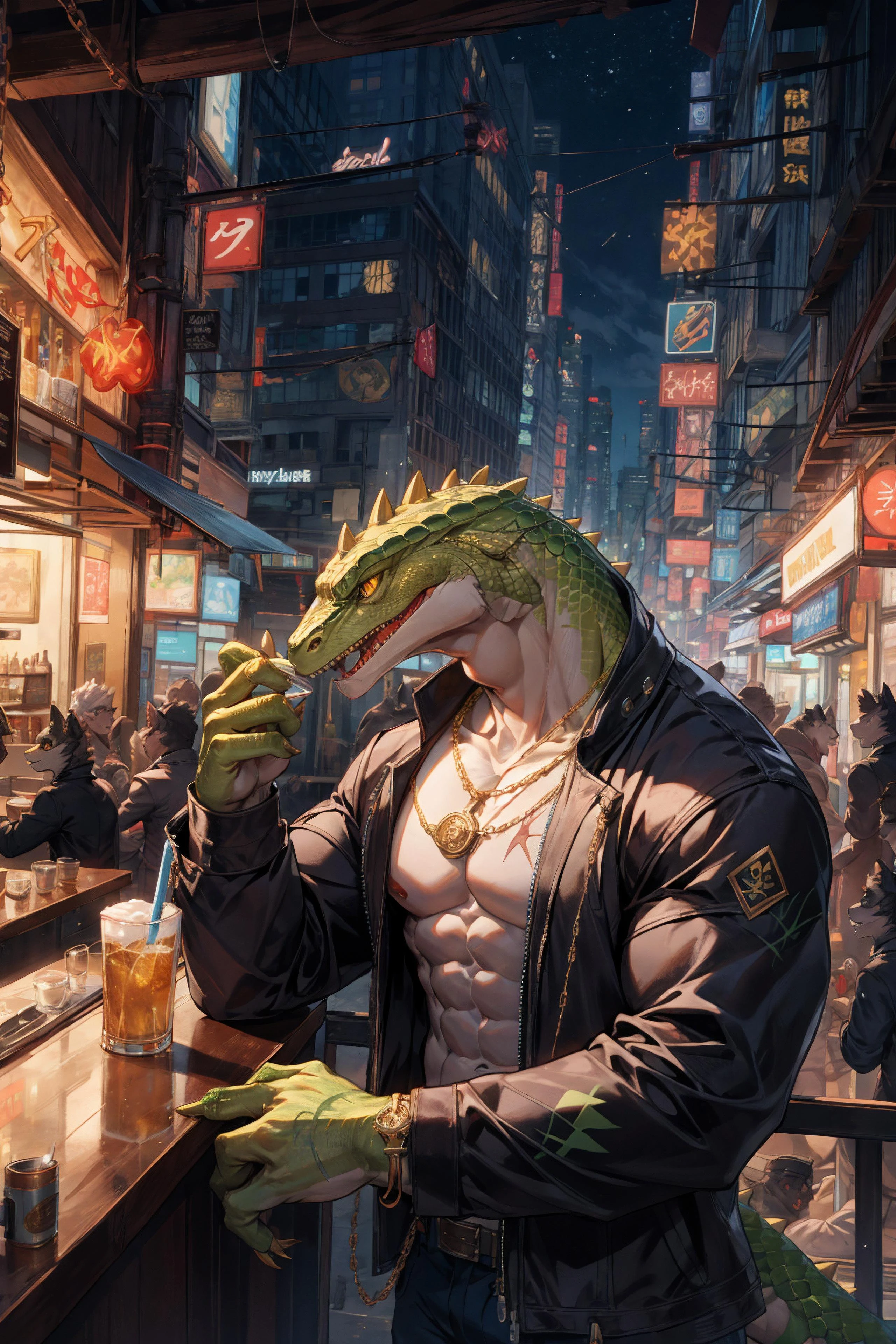 (From above),best hands,best quality, (official art:1.15),ultra detailed 8k art),fantasy,skyscraper,(upper body, focus green lizard man,lizard yellow eyes,anthro:1.2),(gangster,From front,scales),big tattoo on chest BREAK
(muscular:1.2) ,(intricately carved gold spikes), metropolis,night party,Drink a large glass of beer,lean on metal railing,(night bar),gold claw BREAK
scary face,(close-up face),night view,A black jacket opens,golden chain necklace,old scar on half of face,(anthros crowd),neon light,roll up the sleeves