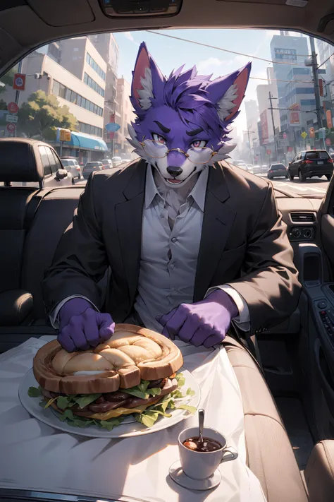 best hands,wide Shot,best quality,from below,(masterpiece,ultra detailed 8k art,cowboy Shot),fisheye lens,from the front,(anthro:1.5),looking away,1  purple furry male, purple furry hand,Fluffy, (Focus on the purple male dog),close-up face,Inside the car,Late 30s male anthropomorphic dog BREAK
look out the window,Wear glasses,holding a sandwich in one hand, dressed in a business suit,navigating traffic in a white car during his morning commute , troubled eyebrows, closed mouth, (many cars outside the window)  BREAK
Frustration sets in as he's caught in a traffic jam, trying to stay composed while steering from the driver's seat,
A comedic scenario takes place as the hurried male driver munches on a breakfast sandwich while steering through the traffic snarl, deftly navigating the morning rush.