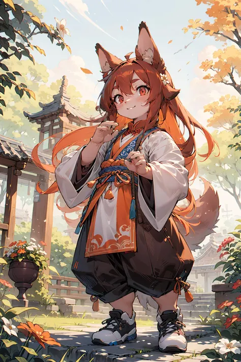 best hands,best quality,(masterpiece,ultra detailed 8k art,illustration),kung fu, (human face, 1 girl,drooping ears dog),out door, chinese clothes,orange long hair, (orange drooping ears),(drooping ears:1.2), orange tail, red eyes,flower garden,  looking up at the sky BREAK
smile,(full body), kung fu shoes