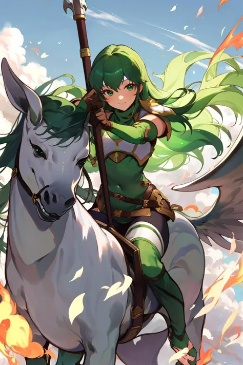 masterpiece, best quality, palla_newmystery, long hair, dress, (green elbow gloves:1.3), belt, (green fingerless gloves:1.3), armor, covered navel, green thigh boots, short dress, shoulder armor, side slit, breastplate, white headband, pegasus knight uniform (fire emblem), (riding a white pegasus:1.4), sky, clouds, looking at viewer, smile, spear <lora:Palla-06:0.9>  <lora:UnlimitedBladeWorksV1:0.6>