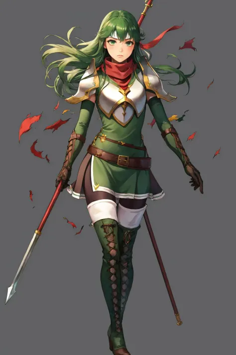 masterpiece, best quality, palla_heroes, long hair, thighhighs, gloves, dress, pantyhose, boots, elbow gloves, belt, scarf, armor, headband, thigh boots, short dress, shoulder armor, cross-laced footwear, green dress, pauldrons, breastplate, lace-up boots, green footwear, white headband, feh, black background, whole body, simple background, furrowed brow, serious expression, wind, torn clothes, spear <lora:Palla-06:0.9> <lora:FEH_Concept_v2:0.9> <lora:UnlimitedBladeWorksV1:0.7>