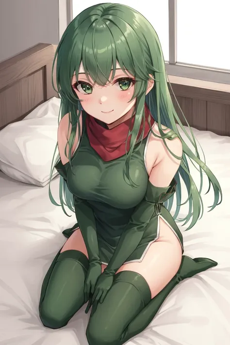 <lora:Palla-06:0.6> palla, 1girl, solo, long hair, indoors, bed, bedroom, seiza, from above, looking at viewer, smile, hands on own lap, thighhighs, gloves, dress, bare shoulders, elbow gloves, scarf, headband, thigh boots, side slit, green footwear, green gloves, green thighhighs