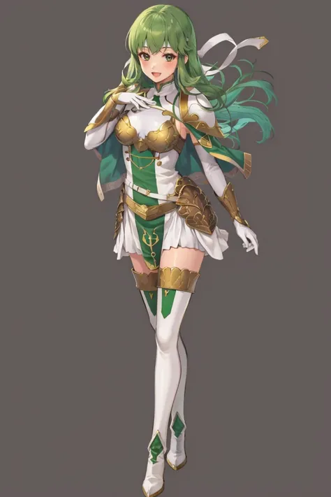 <lora:Palla-06:0.9> palla_valentian, 1girl, solo, long hair, looking at viewer, smile, open mouth, simple background, thighhighs, gloves, dress, medium breasts, standing, full body, :d, thighs, boots, elbow gloves, shiny, white gloves, hand up, white dress, armor, high heels, shiny hair, white thighhighs, capelet, thigh boots, white footwear, hand on own chest, black background, shoulder armor, pelvic curtain, pauldrons, breastplate