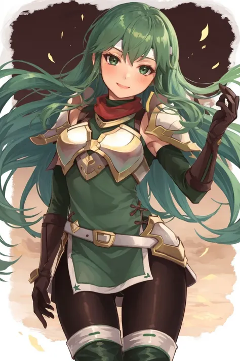<lora:Palla-06:0.9> palla_heroes, 1girl, solo, long hair, looking at viewer, smile, gloves, dress, pantyhose, armor, headband, shoulder armor, breastplate, white headband