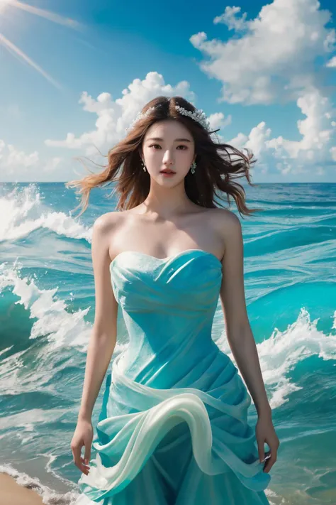 <lora:cr4sh1ngw4v3s:0.8>, cr4sh1ngw4v3s, strapless, blue dress, dress made of waves, best quality, masterpiece, illustration, realistic, photo-realistic, amazing, finely detail, incredibly absurdres, huge filesize, ultra-detailed, highres, extremely detailed CG unity 8k wallpaper, nsfw, A beautiful young Korean woman wearing a strapless blue dress that looks like crashing waves stands on a sunny beach. She has delicate facial features and resembles a popular actress. Her dress is made of flowing fabric resembling ocean waves. Behind her, the bright blue ocean water crashes onto the sandy shore. The perspective shows her full dress and the waves in the background. Warm sunlight shines down on the beach.