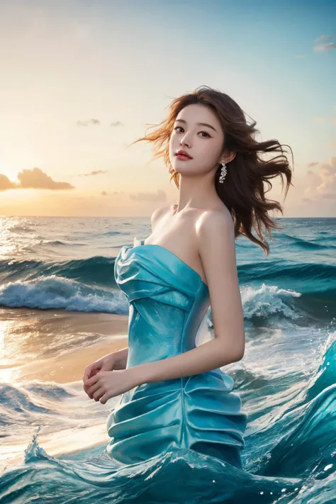 <lora:cr4sh1ngw4v3s:0.8>, cr4sh1ngw4v3s, strapless, blue dress, dress made of waves, best quality, masterpiece, illustration, realistic, photo-realistic, amazing, finely detail, incredibly absurdres, huge filesize, ultra-detailed, highres, extremely detailed CG unity 8k wallpaper, nsfw, A beautiful young Korean woman wearing a strapless blue dress that looks like crashing waves stands on a sunny beach. She has delicate facial features and resembles a popular actress. Her dress is made of flowing fabric resembling ocean waves. Behind her, the bright blue ocean water crashes onto the sandy shore. The perspective shows her full dress and the waves in the background. Warm sunlight shines down on the beach.