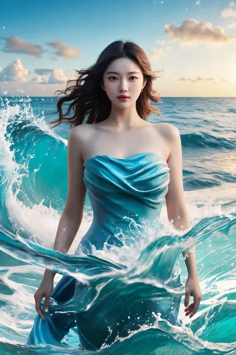 <lora:cr4sh1ngw4v3s:0.8>, cr4sh1ngw4v3s, strapless, blue dress, dress made of waves, best quality, masterpiece, illustration, realistic, photo-realistic, amazing, finely detail, incredibly absurdres, huge filesize, ultra-detailed, highres, extremely detailed CG unity 8k wallpaper, nsfw, A beautiful young Korean woman wearing a strapless blue dress that looks like crashing waves stands on a sunny beach. She has delicate facial features and resembles a popular actress. Her dress is made of flowing fabric resembling ocean waves. Behind her, the bright blue ocean water crashes onto the sandy shore. The perspective shows her full dress and the waves in the background. Warm sunlight shines down on the beach.