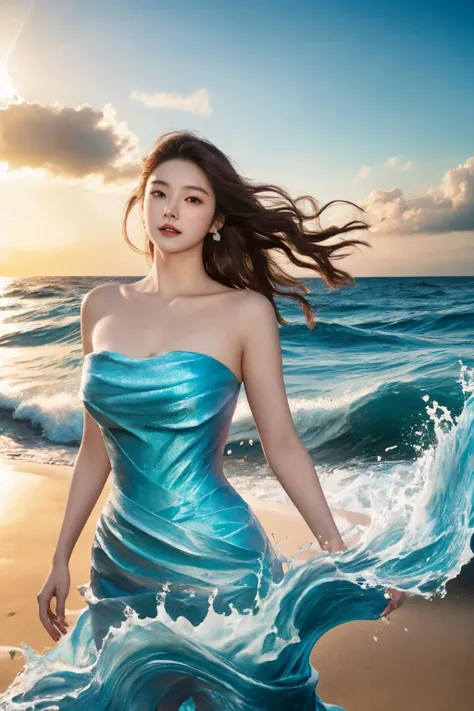 <lora:cr4sh1ngw4v3s:0.8>, cr4sh1ngw4v3s, strapless, blue dress, dress made of waves, best quality, masterpiece, illustration, realistic, photo-realistic, amazing, finely detail, incredibly absurdres, huge filesize, ultra-detailed, highres, extremely detailed CG unity 8k wallpaper, nsfw, A beautiful young Korean woman wearing a strapless blue dress that looks like crashing waves stands on a sunny beach. She has delicate facial features and resembles a popular actress. Her dress is made of flowing fabric resembling ocean waves. Behind her, the bright blue ocean water crashes onto the sandy shore. The perspective shows her full dress and the waves in the background. Warm sunlight shines down on the beach.