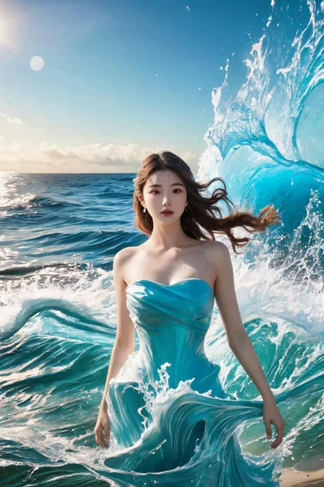 Full body portrait，Full body portrait，Full body portrait，Painting of a beautiful young woman., Mysterious Waves at Night. 3D. White，Shallow. The beauty of the melting universe. Surrealism in Nebula Reflections. Glass texture，translucent，crystal，Full body portrait，