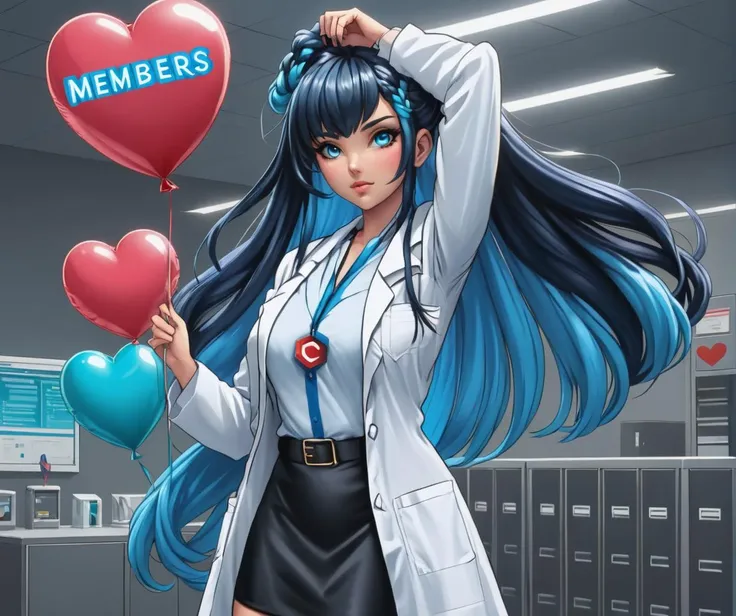 Pop Art style civitchan arm raised up over head, holding ((a giant heart shaped balloon)) with ((text logo "Members")) in hand, Perfect Hands, bangs, belt, black hair, black skirt, blue eyes, blue hair, blunt bangs, braid, breasts, civitai logo necklace, brown pantyhose, girl, coat, collared shirt, colored inner hair, labcoat, lips, long hair, lookimulticolored hair, open clothes, pencil skirt, standing, two-tone hair, white shirt, upper body, looking at viewer, in data center control room, indoors,, extremely detailed, (solo, SFW) <lora:Perfect Hands v2:1> <lora:DetailedEyes_V3:1> <lora:SDXLCivitaiChanBday:1> <lora:Harrlogos_v2.0:1> . Bright colors, bold outlines, popular culture themes, ironic or kitsch