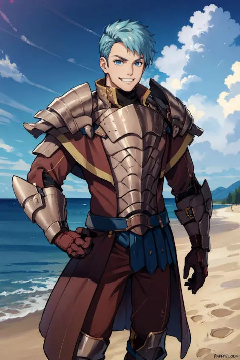 masterpiece, best quality,  solo, male focus  <lora:CasparFE3H-bsinky-v1:0.75> warCaspar, gloves, armor, armored boots, smile, furrowed brow, grin, cowboy shot, sky, clouds