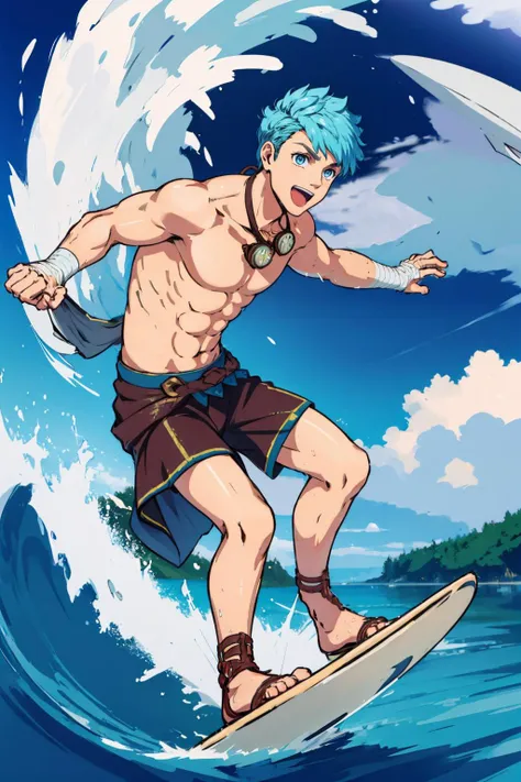 masterpiece, best quality, solo, male focus <lora:CasparFE3H-bsinky-v1:0.75> sumCaspar, bandages, abs, sandals, goggles, topless male, male swimwear, goggles around neck, :D <lora:Surfing:0.8> surfing, waves, barefoot