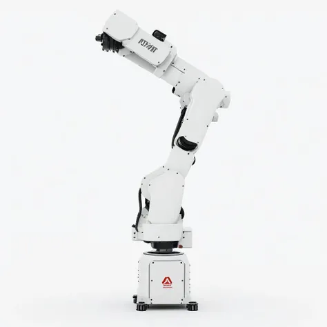 industrial robot arm, articulated, metal, white color, automation equipment, multi-axis, pure white background, plain white background