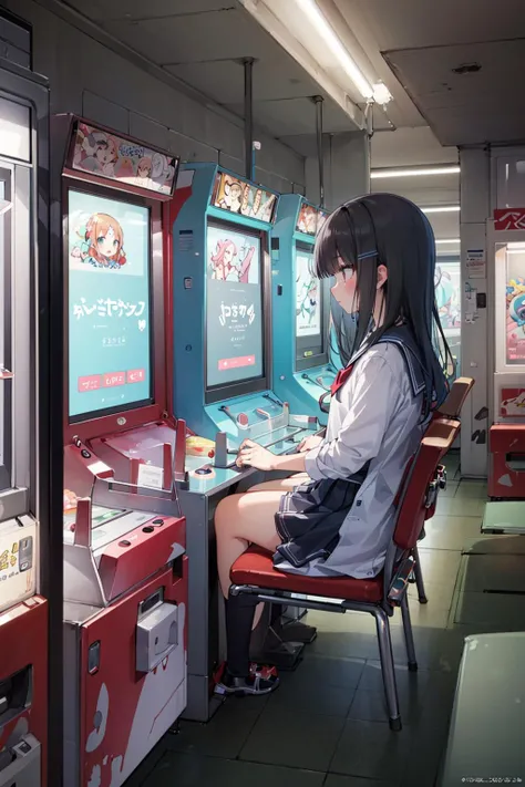 ((masterpiece)), (best quality), official art, extremely detailed CG, unity 8k wallpaper, 
 Vending Arcade Concept, (1girl:1.4), school uniform, sitting, 
chair, japanese arcade machine, gaming arcade, scenery, monitor, 
outdoors, 
<lora:Vending-Arcade:0.8>