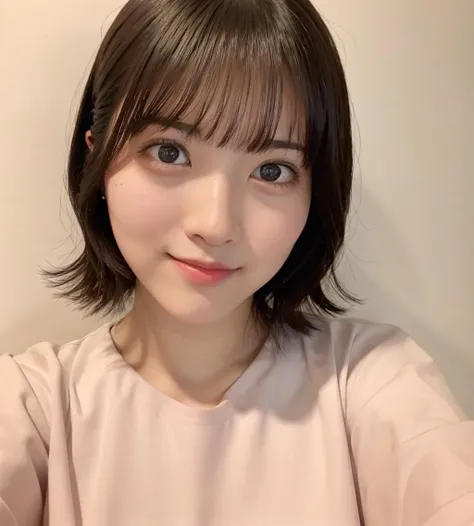 high quality,masterpiece,Ultra-high resolution,(Realistic:1.4),Beautiful lighting, (Highly detailed CG Unity 8k wallpaper), Beautiful face in every detail,Detailed clothing, 50mm portrait photography, No background、One Girl,Big black eyes, cute, young, Pause, Facial Lighting, Physically Based Rendering,Written boundary depth , Black Hair, (Short hair with bangs), ((Take from above)), Japanese women、20-year-old、Pink T-shirt、(Big Breasts)、(Upper Body)、Beautiful young woman taking a selfie, Taken with iPhone camera、In front of a white wall