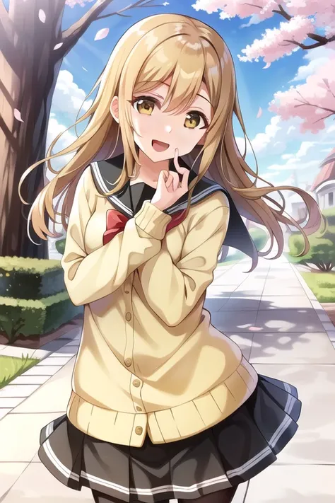 masterpiece, best quality,1girl,solo,<lora:hanamaru:0.5>,kunikida hanamaru,blonde hair,long hair,hair between eyes,yellow eyes,winter school uniform,yellow cardigan,miniskirt, black pantyhose